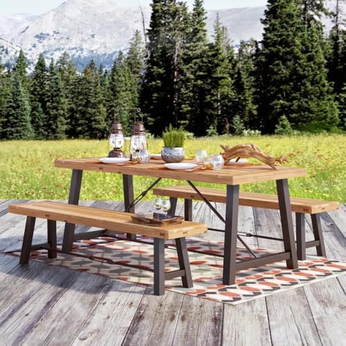 70'' Outdoor Patio Dining Table & 2 Bench for 4, Acacia Wood Farmhouse Dining Table Set Outdoor & Indoor Furniture for Patio Porch Garden, H-Shaped Metal Base, 3-Pcs, Teak - Image 4