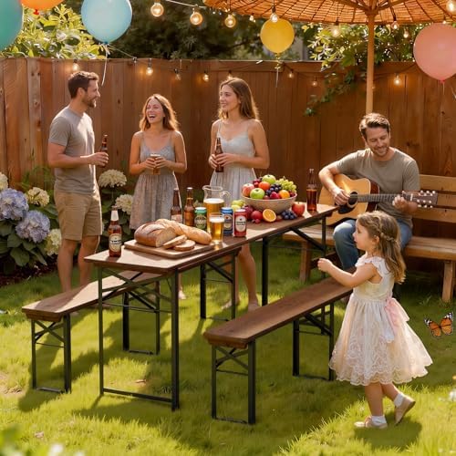 VINGLI 70 Inch Folding Picnic Tables with Benches Set, Weather-Resistant Wooden Beer Garden Table Bench, 3-Piece Portable Fold Up Camping BBQ Table,Walnut Color - Image 6