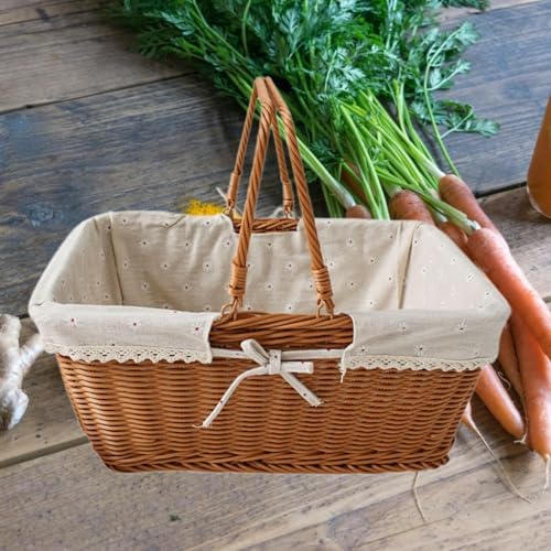 Imitation Rattan Picnic Basket Picnic Hamper Woven Storage Basket Fruit Basket for Bread Fishing Garden BBQ Outdoor Camping- Style E - Image 2