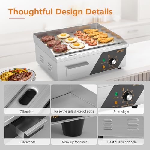 Bonnlo 18 Inch1500W Commercial Griddle with Stainless Steel Countertop, Flat Griddle, 122-572℉ Adjustable Temp Control of Electric Flat Top Grill for Cheese 、Steak and Egg, Home & Restaurant Use - Image 4