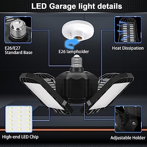 2 Pack LED Garage Light, 150W 15000LM 6500K LED Shop Lights, Garage Lights Ceiling Led with 4 Deformable Panels, Screw in E26/E27 Bulb Socket for Warehouse, Basement, Attic, Barn, High Bay Lighting - Image 2