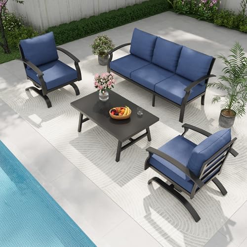 Gotland Metal Outdoor Patio Furniture Set with Coffee Table, 4 Piece Patio Conversation Set with Washable Cushion Covers, Metal Frame Sectional Sofa Furniture Set for Porch, Balcony, Deck, Yard by Gotland