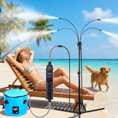 Standing Misters for Outside Patio, 5.3 FT Adjustable Height Misting System with Rechargeable Water Pump & Portable Bucket, No Faucet Needed, Outdoor Cooling Mister for Patio, Backyard, Porch & Lawn by Unknown