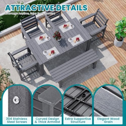 Dining Table Set, 6-Piece HDPE Outdoor Dining Set for 6, Gray - Image 5