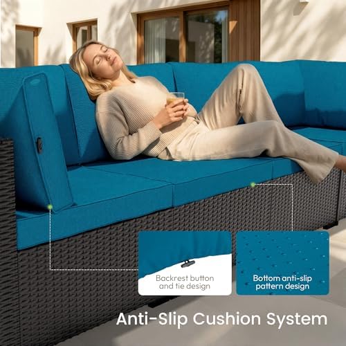 Patio Furniture Set - All-Weather - 7 Piece Patio Outdoor Conversation Set, Modular Wicker Rattan Sectional Sofa for Backyard, Garden, Poolside, Balcony, Porch, Patio,Black/Peacock Blue - Image 2