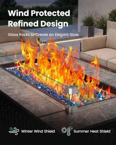 Ciays 43" Propane Fire Table, with Ceramic Top, Wind Guard, Lid, Glass Rock - Image 4