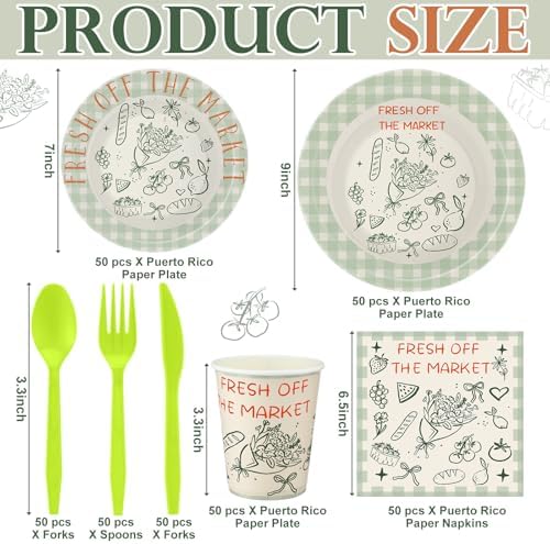 FoldTier 350 Pcs Fresh off the Market Bridal Shower Party Tableware - Paper Plate, Napkin, Cup, Cutlery, Disposable Fresh off the Market Party Decorations for Family and Friends, 50 Guests - Image 5