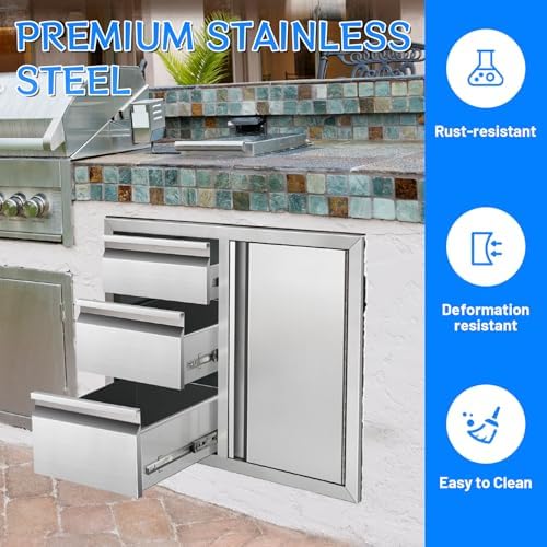 Outdoor Kitchen Drawer Combo, Stainless Steel Triple Drawers with Access Door, 28" W x 22" H x 19.5" D Outdoor Kitchen Cabinet for BBQ Island Grill Stations - Image 4