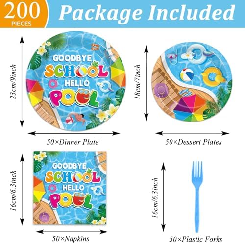 200pcs Goodbye School Hello Pool Plates Napkins End of School Year Party Tableware Set School's Out Disposable Decoration Summer Pool Dessert Plates Serve 50 Guests for Birthday Party Supplies - Image 2