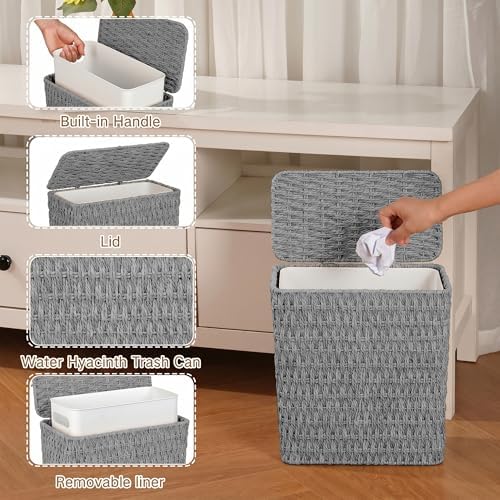 iEGrow Paper Rope Trash Can,Bathroom Trash Can with Lid, 3 Gallon Wicker Waste Basket with Removable Liner, for Bedroom, Living Room, Toilet, Under Sink Gray - Image 3