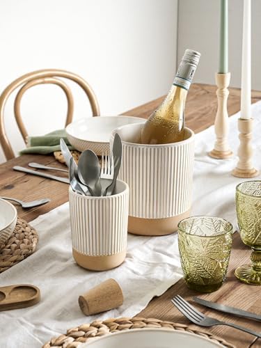 LE TAUCI Ceramic Kitchen Utensil Holder- 6.9" Large Cooking Utensil Crock & Organizer for Spatula, Spoon, Whisk - Farmhouse Countertop Storage, Cream Beige, Line - Image 5