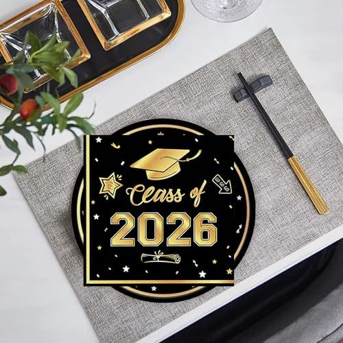 40Pcs Graduation Plates and Napkins 2026 Party Supplies, Class Of 2026 Disposable Black Gold Tableware Set for Congrats Grad Party Decorations (Graduation) - Image 4