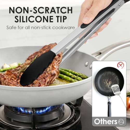 HOTEC Stainless Steel Kitchen Tongs with Silicone Tips, Set of 2-9" and 12" - Image 5