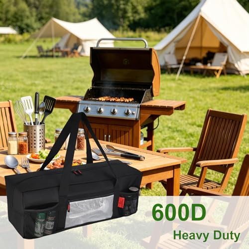 24" BBQ Tool Storage Bag with Pockets, Grill Tool Organizer- Heavy-Duty Storage Bag Waterproof 600D Oxford, Folding Design Gift for Camping, Tailgates, Outdoor BBQ Parties (24" Lx8 Wx8 H) - Image 3