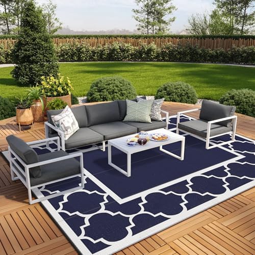 GENIMO Outdoor Rug, Waterproof Plastic Rugs 10'x14' for Camping Blue White by GENIMO