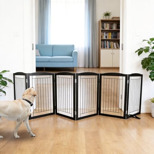 ZJSF Freestanding Dog Fence Indoor, Foldable Dog Gate for Doorways, Stairs or Hallways, Sturdy Wood Extra Wide Pet Gate with Support Feet for The House, Black, 32 "Height-6 Panels by ZJSF