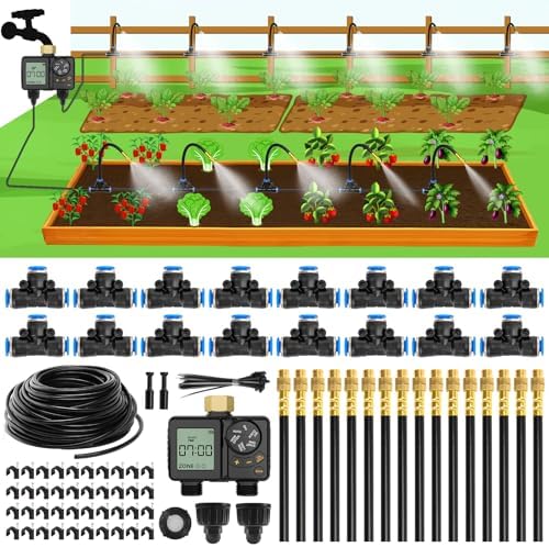 MIXC 1/4" 99Ft Drip Irrigation System with Rechargeable 2-Zone Water Timer, Automatic Garden Watering Kit with 16pcs 360°Adjustable Brass Nozzles & Bendable Rod,for Raised Bed,Potted Plant,Greenhouse by MIXC