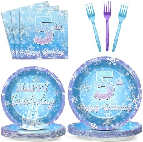 Snowflake Winter Wonderland 5th Birthday Paper Plates Napkins Forks Disposable Dinnerware Happy 5th Birthday Blue and Purple Winter Snowflake Tableware for Kids Christmas onderland Party Decorations by Oitnlaughter