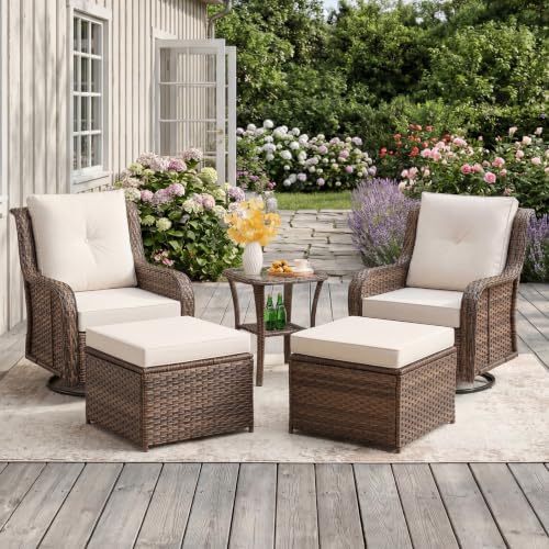 Wumiokio Patio Furniture Sets, Wicker Outdoor Furniture - 360 Degree Swivel Rocking Chairs and Rattan Side Table for Garden,Porch,Backyard (Brown Wicker/Beige Cushion, 5PCS - Swivel Chairs & Ottoman) by Wumiokio