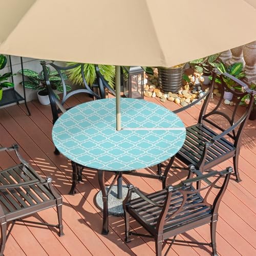 Fitted Round Tablecloth with Umbrella Hole and Zipper Aqua Blue Moroccan Outdoor Elastic Table Cloth 45"-56" Oil-Proof Waterproof Patio Table Cover for Dining Picnic Party - Image 7