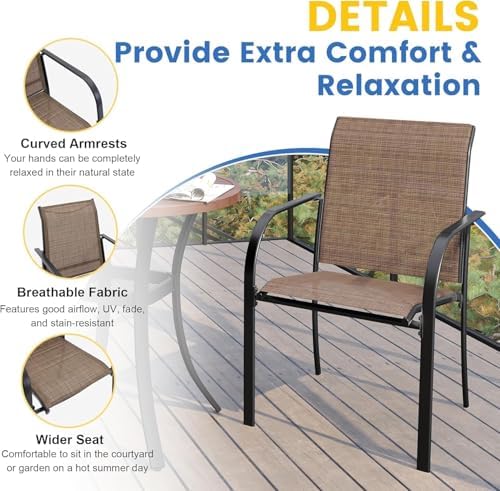 VICLLAX 5 Pieces Patio Dining Set for 4, Outdoor Furniture Set Includes 40.7" Round Patio Table and 4 Patio Stackable Chairs, Walnut Tabletop and Brown Fabric - Image 2