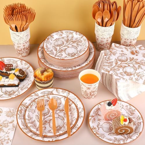 Kochorie 400 Pieces Fall Disposable Pomegranate Paper Plates Thanksgiving Vintage Floral Party Tableware Sets Including Orange Plates Cups Napkins Cutlery Serve 50 for Wedding Baby Shower Party Decor - Image 4