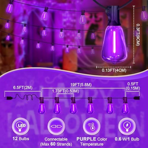 Purple Outdoor halloween String Lights, ST38 26FT LED Patio Lights with 12+1 Shatterproof Edison Bulbs,UL Waterproof Connectable Hanging Lights for Halloween Spooky Party Christmas Garden Porch Decor - Image 3