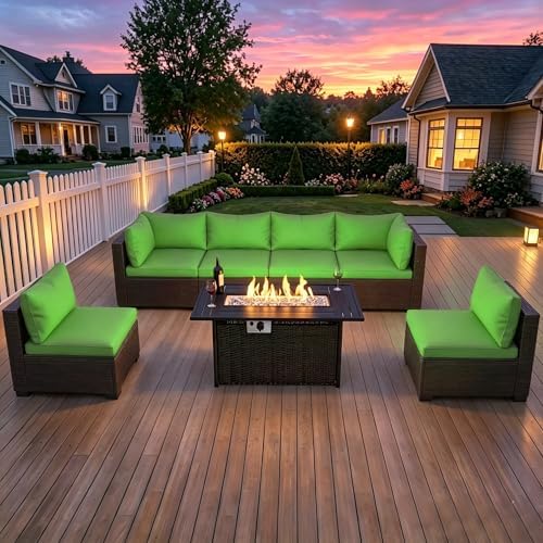 LEVELEVE 8-Piece Wicker Patio Conversation Set with 44" Propane Fire Pit Table, Cozy Outdoor Sectional Sofa for Backyard Gatherings, Poolside Lounging & Garden Parties by Enjoyyourlife