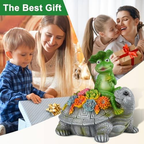 Solar Garden Outdoor Statues Turtle& Frog with Succulent and 8 LED Lights - Image 5