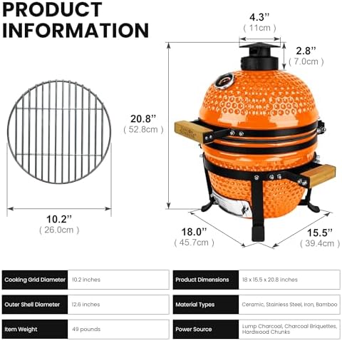 London Sunshine 13-Inch Ceramic Kamado Grill, Waterproof Vent Cap, Orange - Image 3