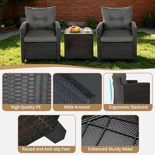 3 PCS Patio Wicker Conversation Set Sofa Table Set Gray Cushion - Image 5