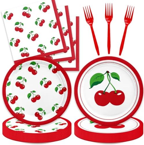 48Pcs Cherry Birthday Decorations Summer Fruit Theme Tableware Set Disposable Plates Napkins Forks Serves 16 Baby Shower Cherry Party Decorations by Unknown