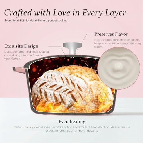 Overmont Enameled Cast Iron Dutch Oven - 2QT Pink Heart-Shaped Mini Pot - Image 3