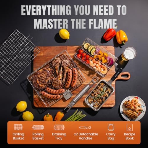 IGNAR Grill Basket Set for Outdoor Grill - Rolling Basket, Fish Basket & Draining Tray with 2 Removable Handles - Stainless Steel BBQ Grilling Accessories for Veggies, Shrimp & Meat - Image 2