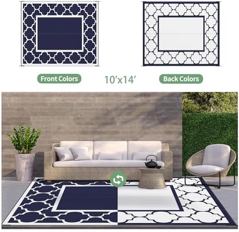 GENIMO Outdoor Rug, Waterproof Plastic Rugs 10'x14' for Camping Blue White - Image 4