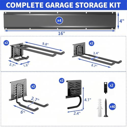 Garage Tool Organizer Wall Mount, 64 Inch Heavy Duty Garden Tool Organizer Storage System, Easy Install with 8 Adjustable Hooks, for Garage, Basement, Shed, Workshop, Black, Steel - Image 2