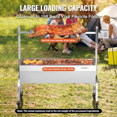 VEVOR Rotisserie Grill, BBQ Whole Pig Lamb Goat Charcoal Spit Grill, 46 Inch 132 Lbs Capacity, Electric 52W Motor Stainless Steel Rotisserie Roaster with Lockable Wheels, for Camping Outdoor - Image 3