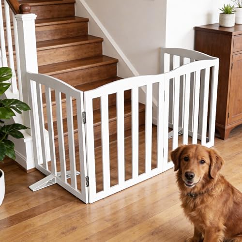 Freestanding Dog Gate Indoor,Doggie Gate Foldable Dog Gates for Doorways,Stairs or Hallways, Wooden White Pet Gate for the House, Pet Fence with Support Feet Included,24 "Height-6 Panels - Image 3