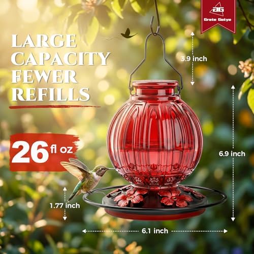 2 Pack Glass Hummingbird Feeder for Outdoors Hanging, Bird Nectar Feeder with Perch & 5 Flower Feeding Ports, 26 Oz Leak Proof for Outside Garden Decor Backyard, Gifts for Women Mom, Red + Blue - Image 4