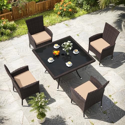 Gotland 5 Piece Outdoor Dining Set, All-Weather Rattan Patio Furniture Set with Umbrella Hole Tempered Glass Square Table, Outdoor Table and Chairs with Removable Cushions for Backyard, Deck, Sand - Image 3