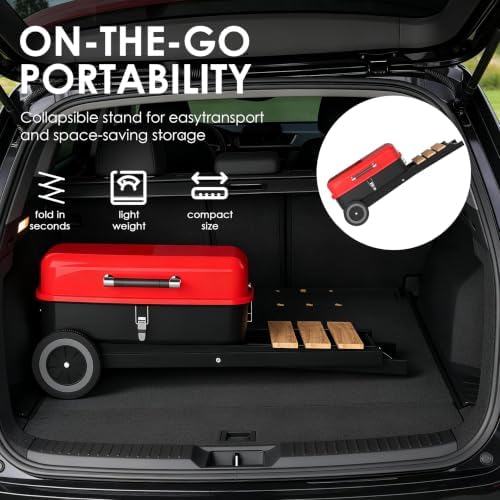 TEENO Charcoal Grill with Wheels | Folding BBQ Grill with Wooden Side Table & Bottom Storage Shelf | 2-in-1 Detachable Tabletop Smoker for Camping Picnic Patio Backyard | Portable Suitcase - Image 2