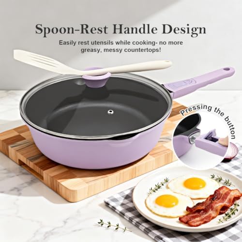 12 Inch Deep Frying Pan Skillet Nonstick with Lid, 5 Qt Saute Pan - Image 6