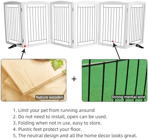 ZJSF Freestanding Dog Fence Indoor, Foldable Dog Gate for Doorways, Stairs or Hallways, Sturdy Wood Extra Wide Pet Gate with Support Feet for The House, White, 32 "Height-6 Panels - Image 6