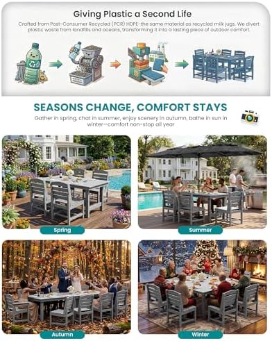 SERWALL HDPE Outdoor Furniture, Outdoor Dining Set for 10, Light Gray - Image 6
