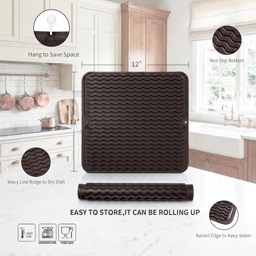 MicoYang Silicone Dish Drying Mat for Multiple Usage,Easy clean,Eco-friendly,Heat-resistant Silicone Mat for Kitchen Counter or Sink,Refrigerator or Drawer liner Coffee M 12 inches x 12 inches - Image 2