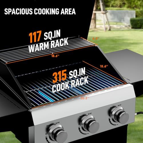 ROVSUN 3 Burner Propane Gas Grill with Foldable Side Shelves, 36000BTU BBQ Grills with Enameled Cast Iron Grates, Cabinet & Poratable Rolling Wheels for Outdoor Garden Patio Backyard Barbecue Cooking - Image 3