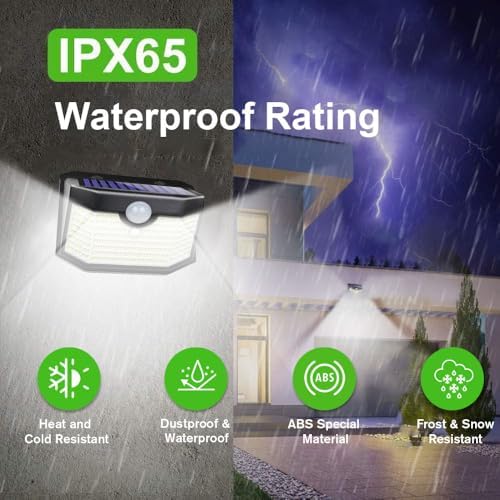 HMCITY Outdoor Solar Lights 120 LED with Motion Sensor and 3 Lighting Modes, IP65 Waterproof, 130 ° Wide Solar Wall Lights Powered for Garden Patio(Front Button 10Packs, Black Shell-Daylight White) - Image 5