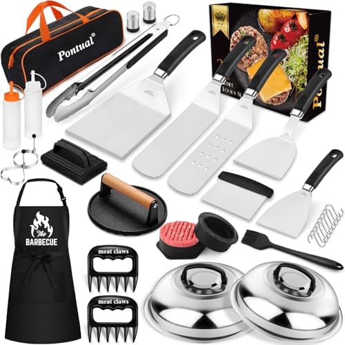 31PCS Griddle Accessories Kit for Blackstone, Flat Top Hibachi Grill Spatula Set with 2 Melting Domes, Burger Press, Patty Maker and Apron, Professional Teppanyaki Tools Gifts for Outdoor BBQ by Unknown