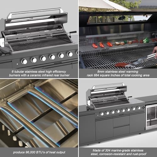 153 Inch Outdoor Kitchen Island, 96000 BTU Propane Gas Grill Combination With Refrigerator and Sink, Drawer Cabinet, Outdoor Stainless Steel Barbecue Bar, BBQ Grill for Patios, Gardens, Parties - Image 4