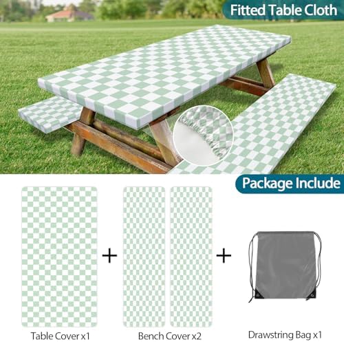 Picnic Table Cover with Bench Covers and Bag, Sage Green and White Checkered Buffalo Plaid Camping Tablecloth Waterproof Elastic Edges Fitted Gingham Tablecloth for Outdoor Garden 3PCS 30x60 Inch - Image 7